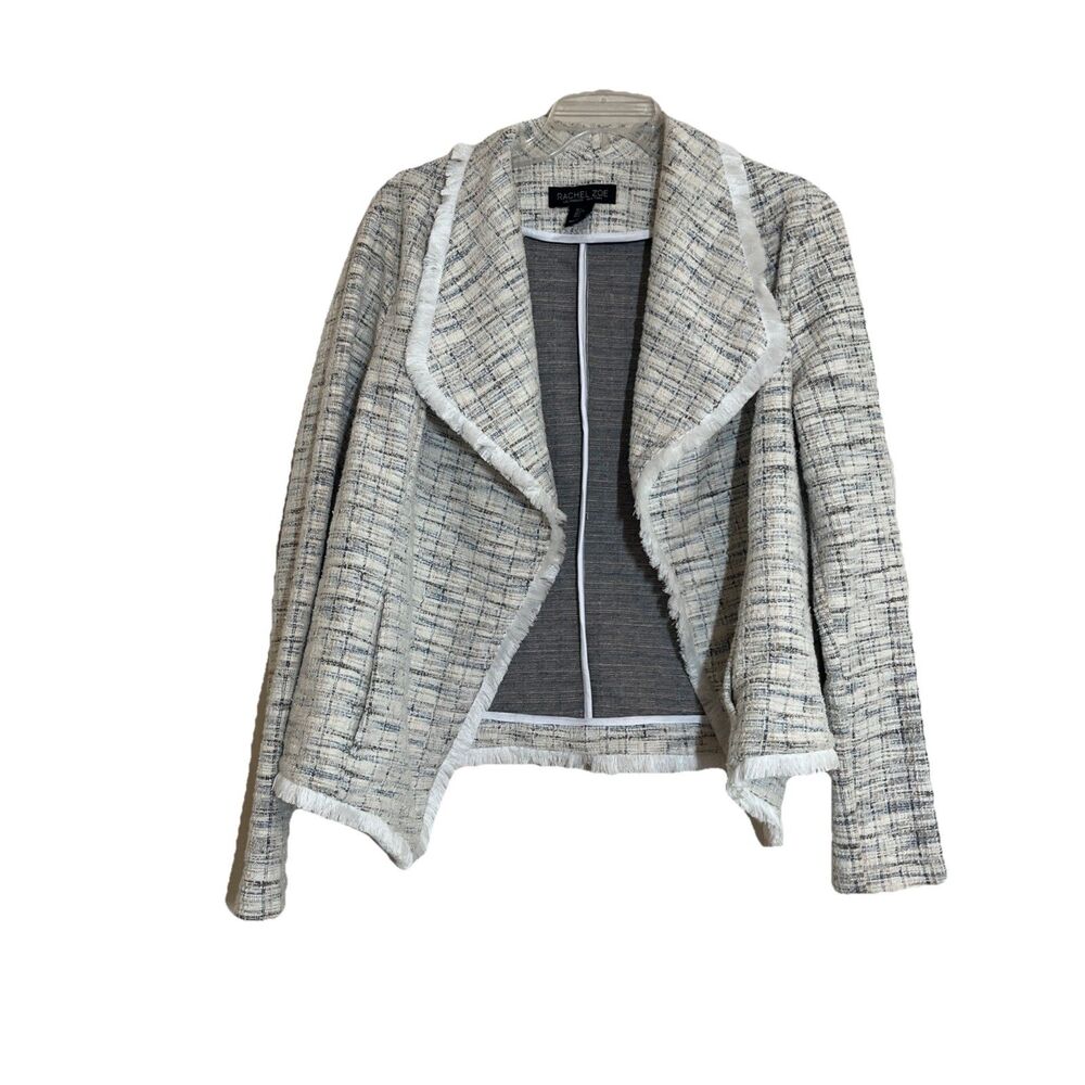 Rachel Zoe Open Blazer Womens L Cream Multi Plaid Tweed Fringe Jacket Pockets VG
